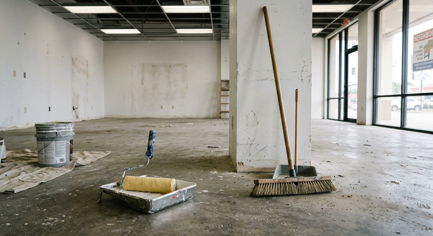 Cleaning equipment staged in a strip center corridor — broom, mop, and supplies ready for a suite turnover